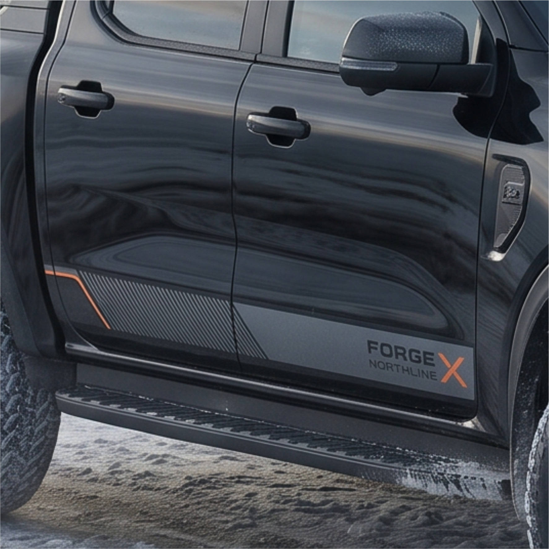 Black pickup lower door graphic with orange accent detail
