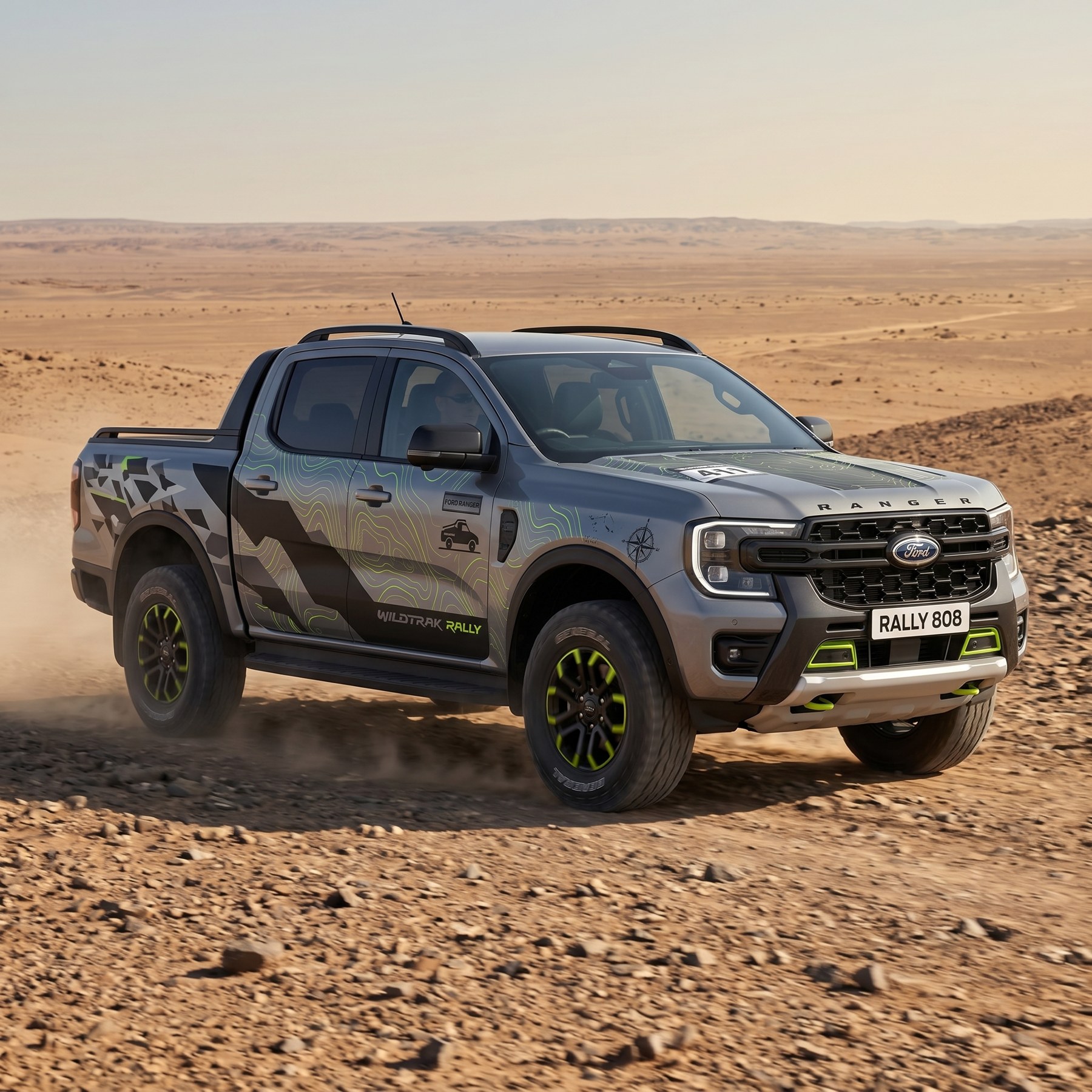 Rally-inspired pickup graphics in desert setting